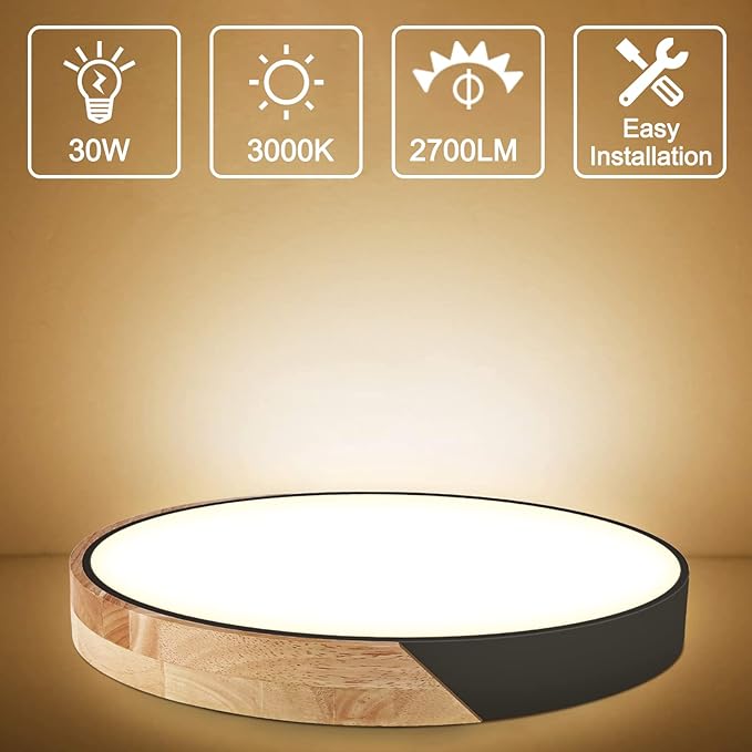 Led Ceiling Light Flush Mount: 15.8 Inch 30W Bedroom Light Fixture with Round Wood Modern Black Flat Overhead Minimalist Ceiling Lamps for Kitchen Hallway Laundry Warm White 3000K, Not Dimmable
