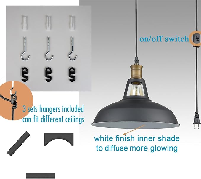 CLAXY Industrial Plug-in Barn Pendant Lighting Black Farmhouse Pendant Light with On/Off Switch 197 Inches Cord