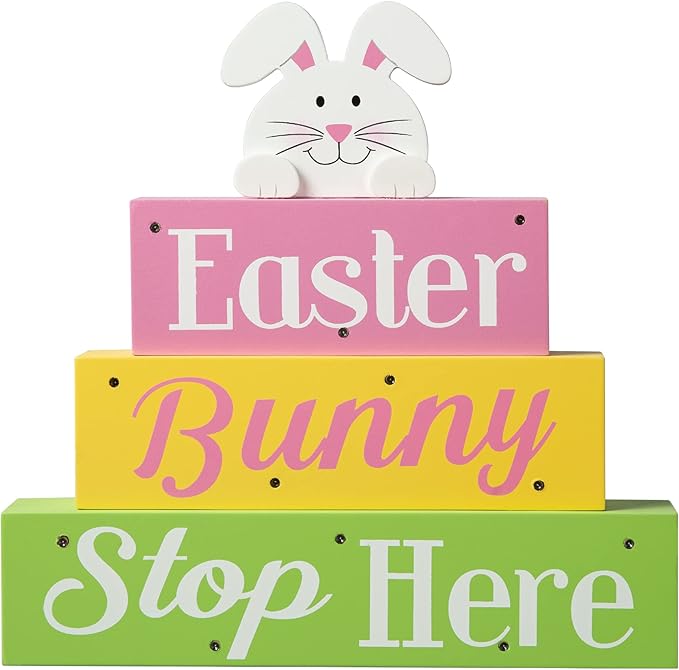 Glitzhome LED Lighted Wooden Easter Block Table Sign Easter Bunny Table Decor with Saying for Spring Easter Party Supplies Props