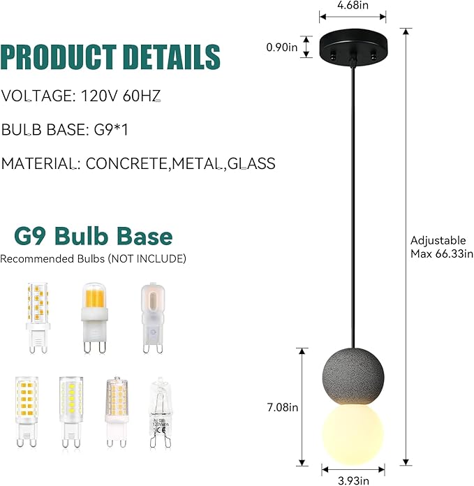 Modern Black 1-Light Concrete Pendant Light Kitchen Island Ceiling Light Fixture White Glass Globe Ball Pendant Lighting for Dining Room Coffee Club Resturant Bar Living Room(2-Pack)