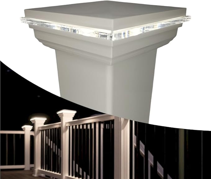 DekLights® Pro Line LED Lighted Post Cap for 4x4 Deck/Fence Posts. Wired 12volt Low Voltage with Replaceable Light Bulb. for Vinyl or Composite railings. Made in USA (White Glass Edge Upgrade 6000k)
