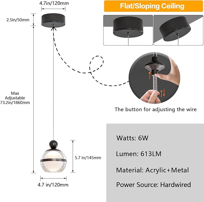 Modern Black Pendant Light Globe Hanging Pendant Lighting LED Dimmable Small Chandelier Light Fixture for Kitchen Island Bedroom Dining Room Bar (1-Lights)