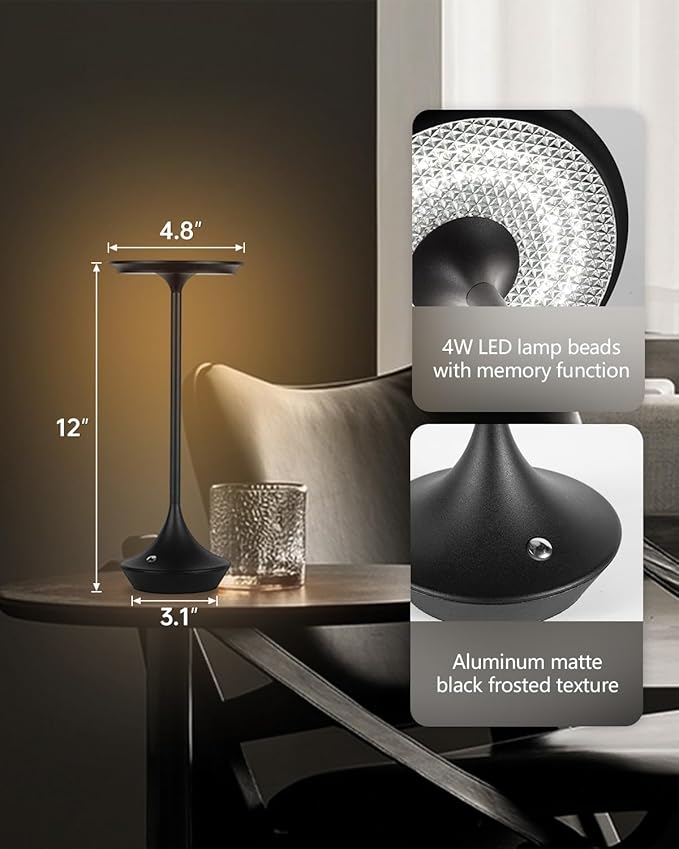 Rechargeable Cordless Table Lamps, Portable 4000mAh Battery Table Lights, 3 Color Stepless Dimming LED Wireless Desk Light with Memory Function for Outdoor/Dinner/Bar/Restaurant/Camping