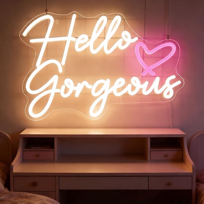 Hello Gorgeous Neon Light for Wall Decor, Pink USB Powered LED Sign with Dimmable Switch, Neon Sign for Home, Wedding, Birthday Backdrop, Party (Warm White02)