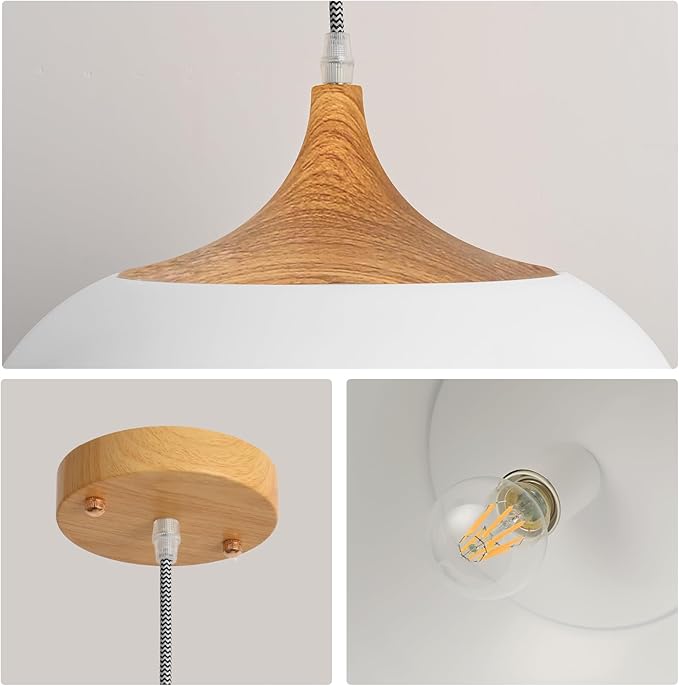 Modern White Pendant Light, Nordic Wooden Dome Minimalist Style Light fixtures Ceiling Hanging,Mini Chandelier for Dining Room, Kitchen Island, Bedroom, Hallway