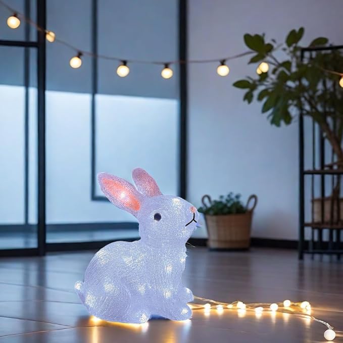 Gloworm YKL-1019, 22CM Acrylic Rabbit Lighting, Garden/Home/Easter Figure Light Up, with 26 White LEDs, 6H Timer, Dual Power Supply USB or Batteries: 3 x AA (Not Included) Bunny Night Light Indoor