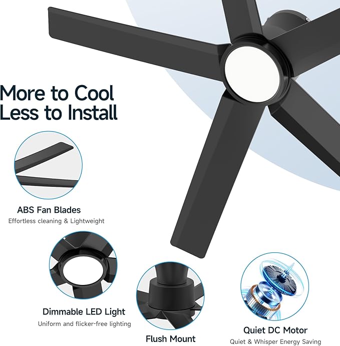 ocioc 44 inch Ceiling Fans with Lights and Remote, Dimmable Ceiling Fans with Reversible Quiet DC Motor, Flush Mount, 3CCT, Black Ceiling Fan for Bedroom Living room Indoor/Outdoor