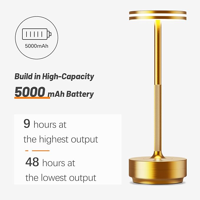 Hapfish 2 Pack Cordless Table Lamps Rechargeable, 5000mAh Battery Powered Lamp, 3 Color Modes, Dimmable, LED Table Lamps for Living Room,Outdoor, Dinner,Patio,Restaurant– Gold