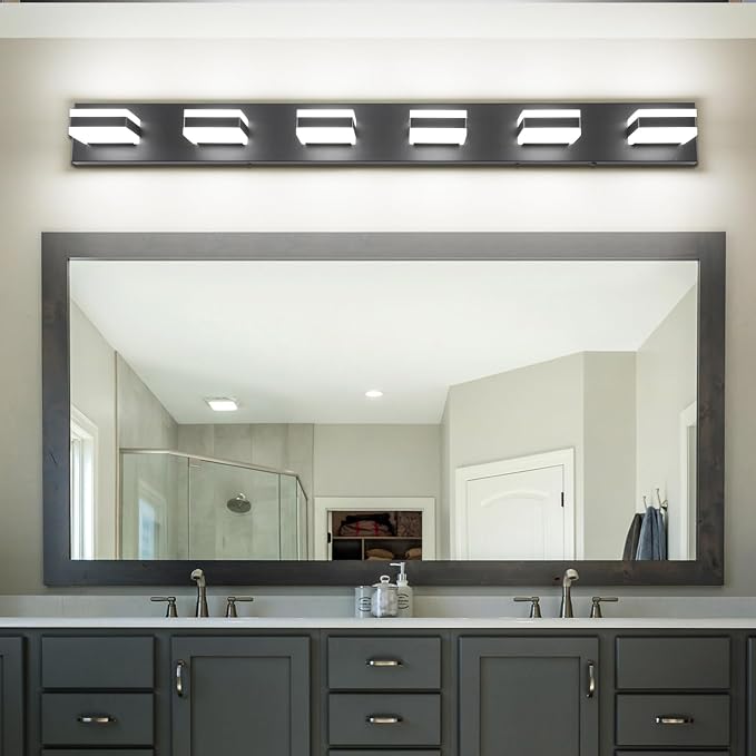 SOLFART Black Vanity Light,Modern LED 6 Light Bathroom Lighting Fixture，Dimmable Vanity Lights for Mirror Cool Light 6000K