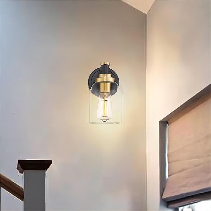 zeyu 2 Pack Modern Vanity Wall Sconces, Indoor Wall Lights for Bathroom Hallway Bedroom with Clear Glass Shade, Black and Gold Finish, ZG33B-2 BK+BG
