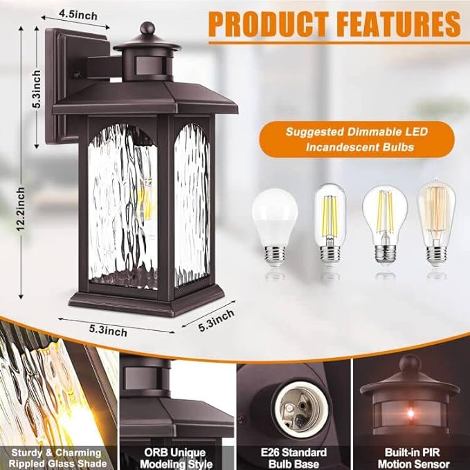 Brown Motion Sensor Outdoor Wall Sconce - Smart Dusk to Dawn Outdoor Lighting, Oil Rubbed Bronze Outdoor Wall Lights & Exterior Light Fixtures, Porch Lights with Water Rippled Glass for Garage House