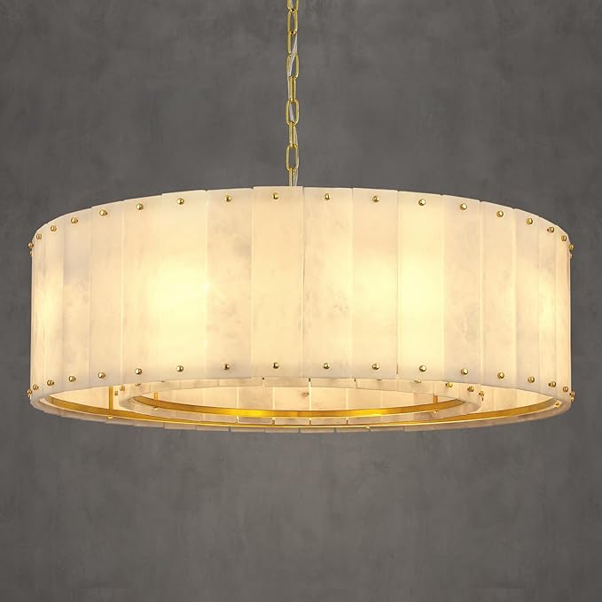 Alabaster Chandelier D32in Spanish Natural Marble Round Alabaster Chandeliers Adjustable,Modern Brass Living Room Chandelier,Gold Chandeliers for Dining Room,Bedroom,Bathroom,Foyer,E12 Bulbs Included