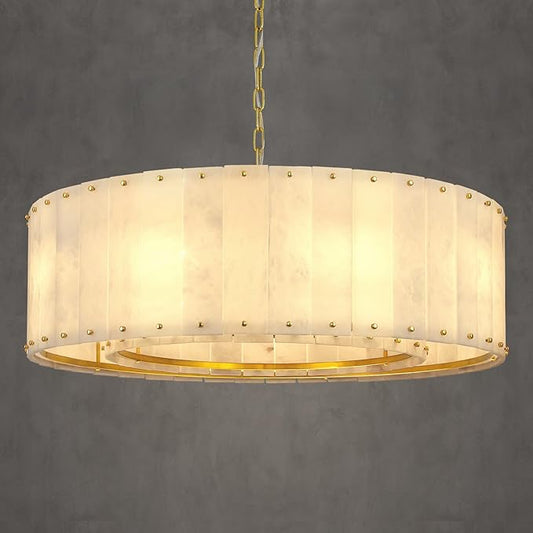Alabaster Chandelier D32in Spanish Natural Marble Round Alabaster Chandeliers Adjustable,Modern Brass Living Room Chandelier,Gold Chandeliers for Dining Room,Bedroom,Bathroom,Foyer,E12 Bulbs Included