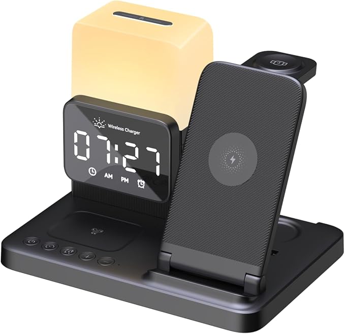 M.A.D LAB Bedside Apple Charging Station & Alarm Clock with Night Lamp – Wireless Charger Designed for AirPods, AirPods Pro 2 & Apple Watch and Qi-Compatible for iPhone and Android Phone Charger