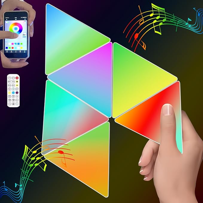 Smart RGB Modular Hex Light Panels LED Splicing Hexagon Bright Mood Wall Lamp Music Sync Creative DIY Geometric Gaming Lights Honeycomb Shape Panel Assembled Nightlight 6.3" Triangle-RGB- 6pcs