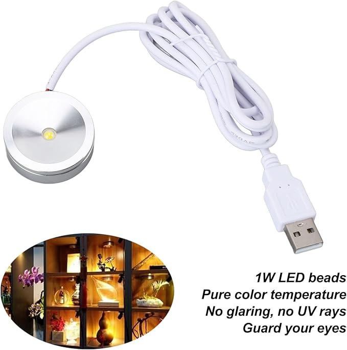 Hyuduo Round LED Spotlight 1W for Jewelry Cabinet, USB-Powered Showcase Light with 4.2ft CableWhite Light Small Shelf Lamp