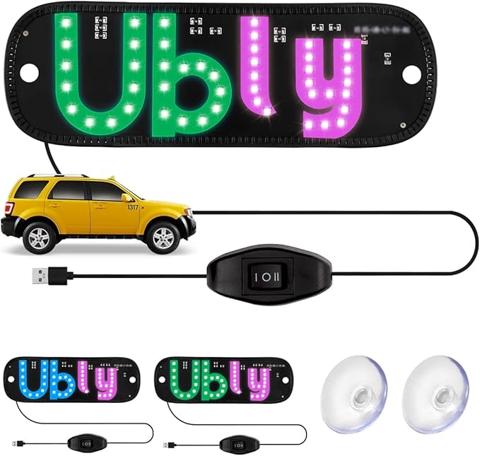 LED Light Sign for Car Windshield, LED Car Sign Decal with Suction Cups, USB Plug for Vehicle, Trucks, SUVs, Vans (Pink - Green)