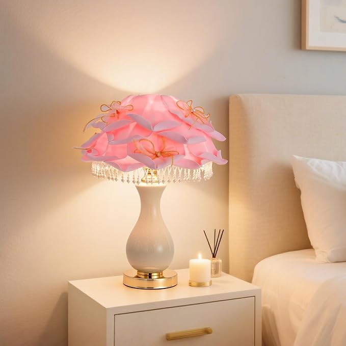 Pink Rose Flower Lamp Nordic Table Lamp Romantic Ceramic Nightstand Light Princess Bedside Lamp for Girl Valentines Mother's Day Wedding Party Deco Bedroom Living Room Entry