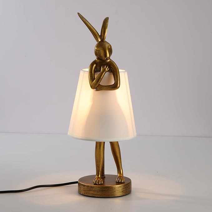 Bunny Table Lamp, Resin Animal Rabbit Lamp, LED Bunny Decor Lamp with Fabric Shade, Vintage-Style Component,Suitable for Office Study and Bedside (White H15.7)