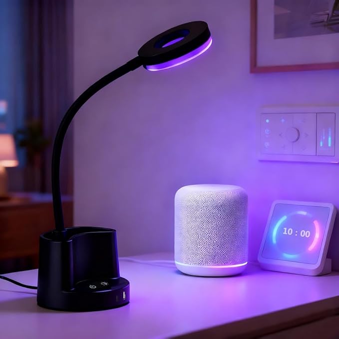 HomeFocus LED Desk Lamp, Eye-Caring Dimmable Reading Light, RGB Night Light, Student Lamp, Metal Flexible Gooseneck, Black, for Home, Office, Gift for Kids, Students, Women