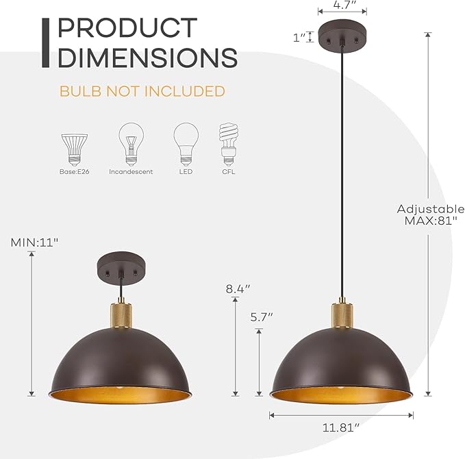12 Inch Oil Rubbed Bronze Dome Pendant Lights 3 Pack for Kitchen Island, Height Adjustable Farmhouse Industrial Hanging Light Fixtures Over Table for Dining Room, Entryway