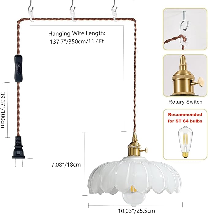 Plug in Pendant Light: Milk Glass Hanging Light Plug in Hanging Lamp, White Pendant Lighting for Kitchen Island, Bedroom, Dining Room, Living Room, E26 No Bulb