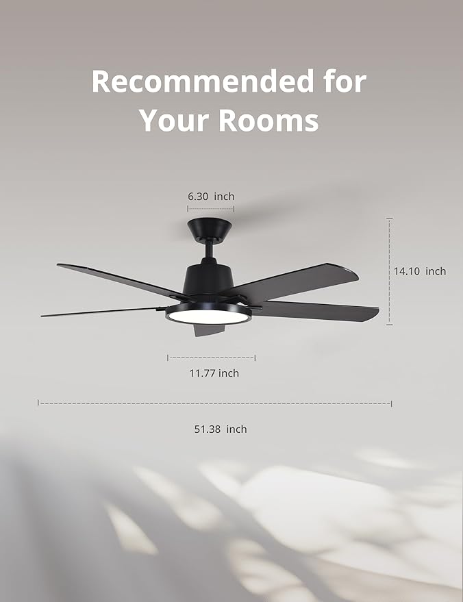 Orison Ceiling Fans with Lights, 52 inch Low Profile Ceiling Fan with RGB Backlight, Flush Mount Ceiling Fan with Remote and App Control,White Bedroom Fan, 6 Speeds, 5 Reversible Blades (Black)