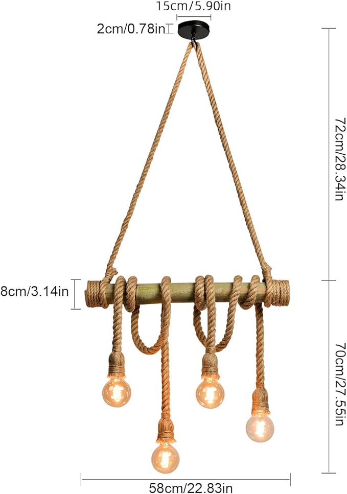 Arturesthome 4 Heads Hemp Rope Ceiling Pendant Light, Vintage Bamboo Chandeliers Decoration, Rustic Industrial Hanging Lamp for Bedroom Restaurant Cafe Bar