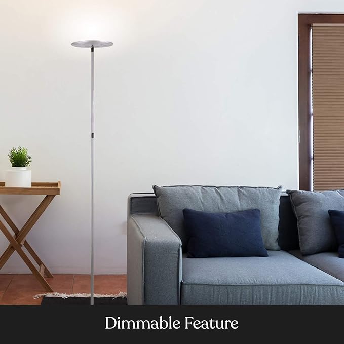 Brightech Sky Flux Dimmable LED Floor Lamp – Super Bright Floor Lamp with 3 Light Modes for Living Room, Office – Torchiere Standing Touch-Lamp, Tall Torch Lamp for Bedroom & Reading - Silver