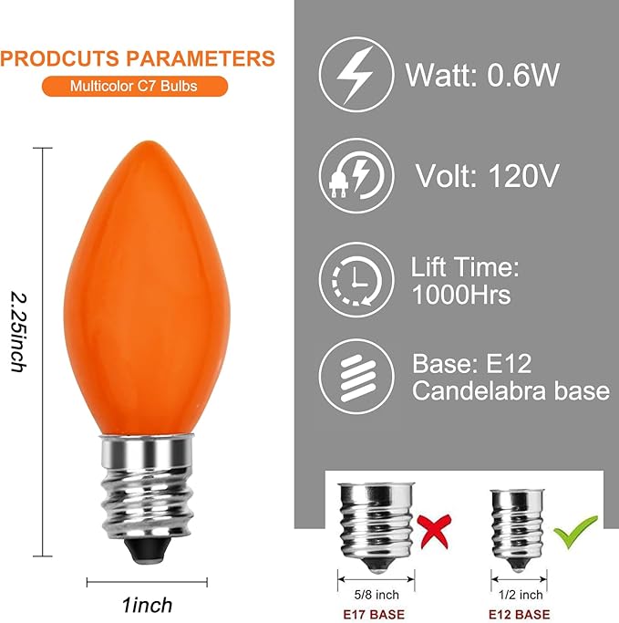 25 Pack C7 LED Multicolor Replacement Bulbs, Christmas Multicolor Ceramic LED Light Bulbs Vintage Light Bulbs for Christmas Indoor Outdoor String Lights, E12/C7 Candelabra Base, 0.6 Watt