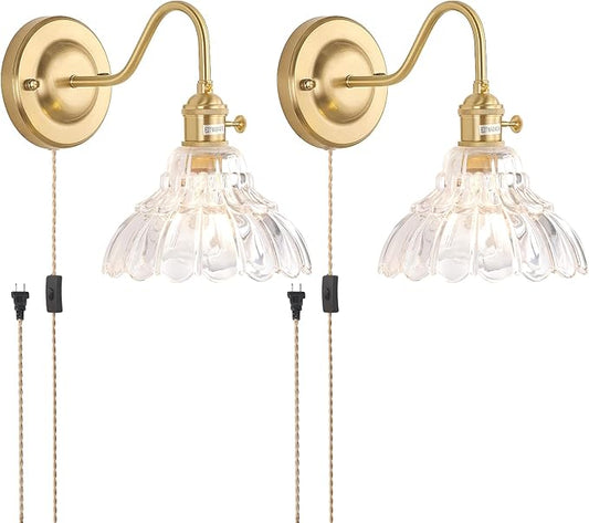 Plug in Wall Sconce Set of 2, Gold Vintage Wall Decor Lights with Clear Lily Glass Shade, Indoor Brass Corded Wall Lamp Fixture for Bedroom Living Room Bathroom Hallway