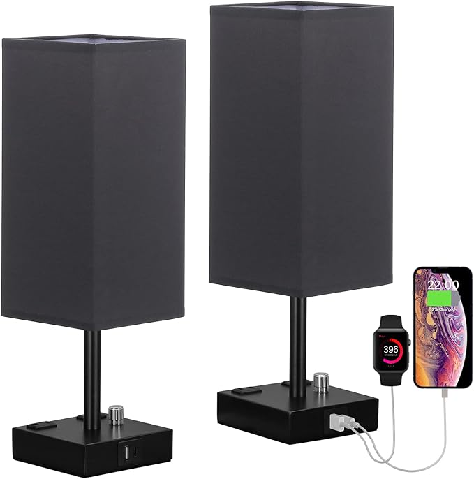 aooshine Black Fully Dimmable Nightstand Lamps Set of 2 - Table Bedside Lamp with USB C+A Charging Ports & 2 AC Outlets, Square Lamp Sets Linen Fabric Shade for Bedroom Living Room(Bulb Included)