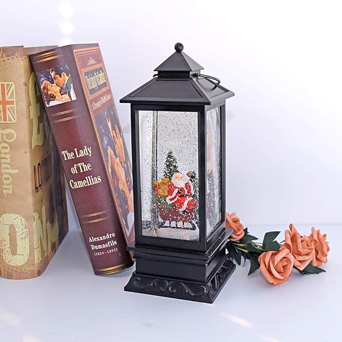 DRomance Santa Music Snow Globe Lantern with Timer Battery Operated & USB Powered Lighted Singing Snow Globe Lamp Spinning Water Swirling Glitters Christmas Decor 4" x 4" x 12"