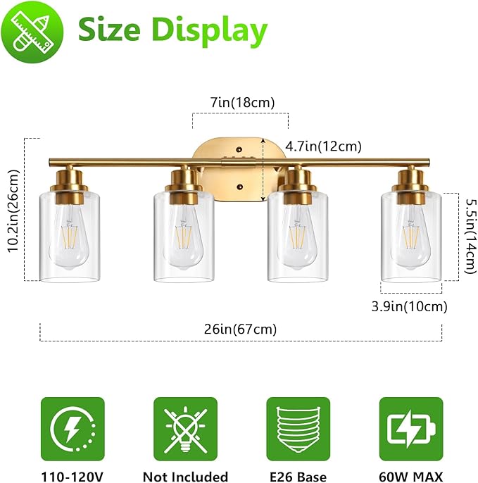 Ascher 4-Light Bathroom Light Fixtures, Modern Vanity Lights Over Mirror, Gold Wall Lamp with Clear Glass Shade for Bathroom Mirror Hallway Cabinet Porch Living Room