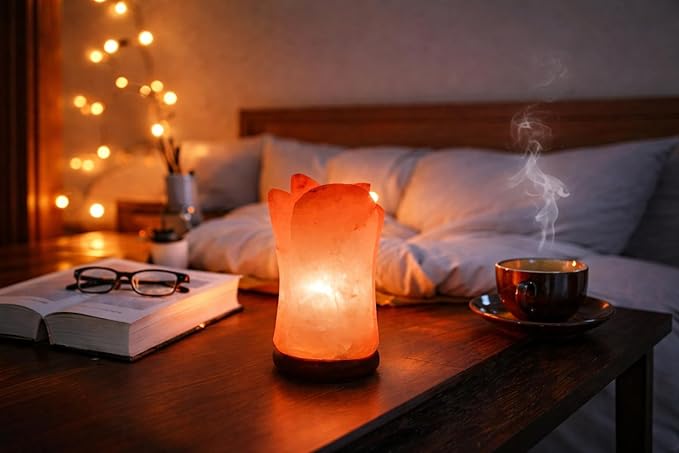 HL Himalayan Pink Salt Flower Shape lamp Wooden Base with dimmer Switch and a Pair of 15W Bulbs. Unique Gift Idea