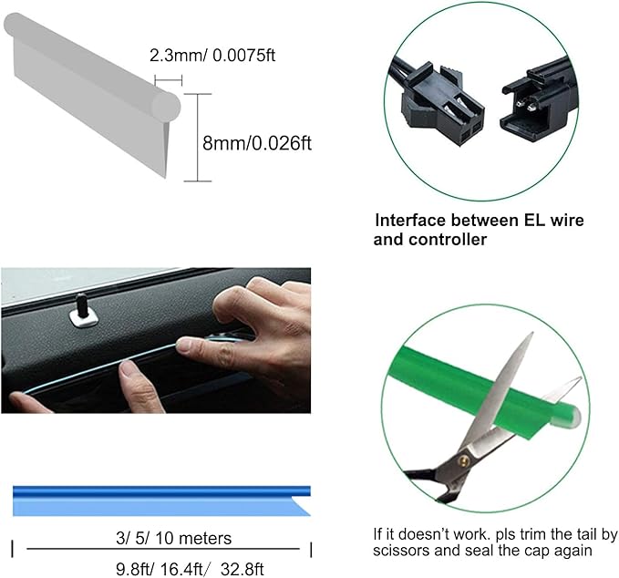 El Wire Mutilcolor Interior Car LED Strip Lights,3M Neon Wire USB 5V with Fuse Protection for Automotive Interior Decoration, with 6mm Sewing Edge