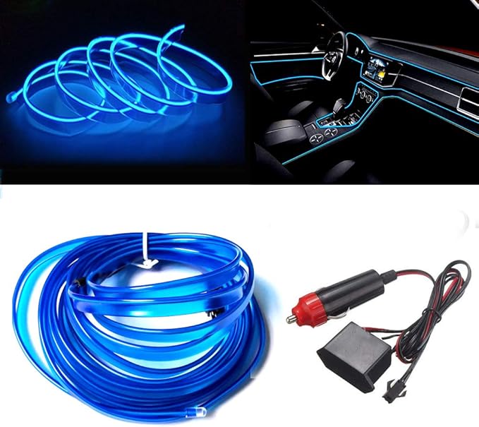 MaxLax Blue LED Neon Car Interior Lighting Strip - 3 Meter Flexible 12V EL Wire with Built-in Fuse Protection for Automotive Interior Customization, Featuring 6mm Sewing Trim for Easy Installation.