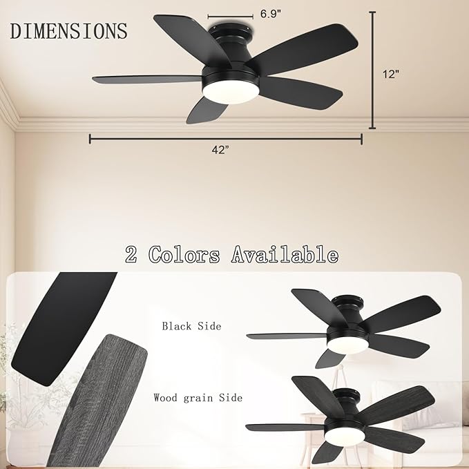 Ceiling Fans with Lights, 42 Inch Low Profile Ceiling Fan with Light and Remote/App Control, Flush Mount, Reversible, 3CCT, Dimmable, Noiseless, Black Ceiling Fan for Indoor/Outdoor Use