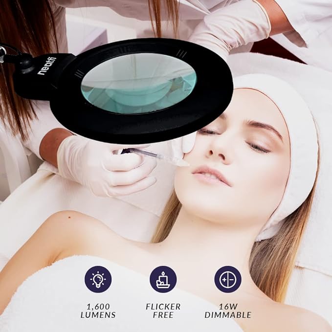 Neatfi XL Bifocal LED Magnifying Lamp – 7-Inch Acrylic Lens, 2.25x & 6X Magnification, 1,600 Lumens, Dimmable LED, Adjustable Arm, Hands-Free Close Work (Black, with Clamp)