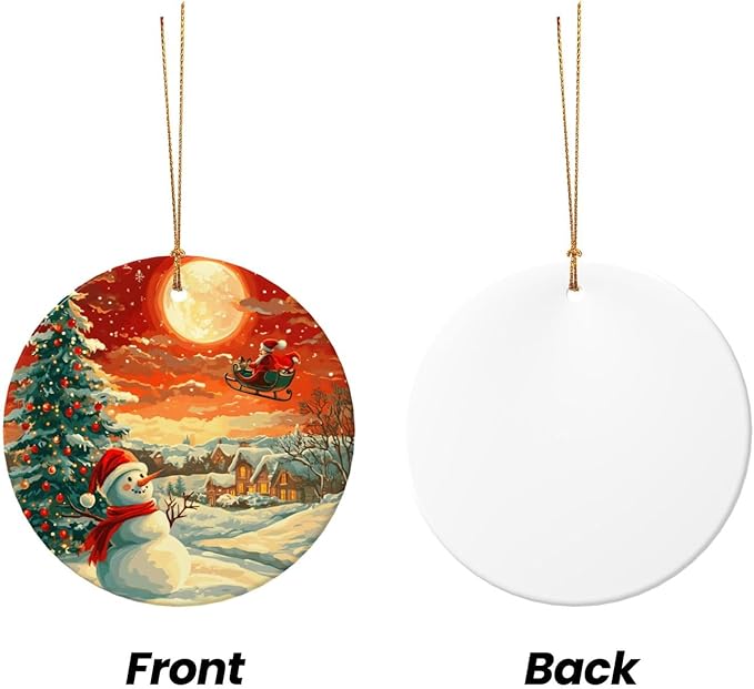 Merry Christmas Snow Scene Santa Claus Christmas Ornaments, Christmas Decorations Xmas Tree Hanging Ornaments, Round Ceramic Festive Keepsake Gift for Xmas Decorations Holiday Home Decor