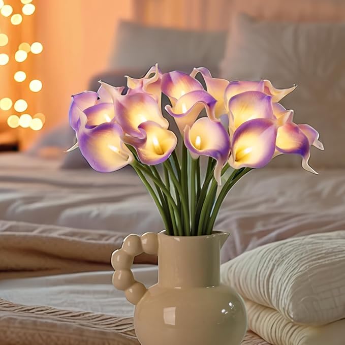 20pcs Lighted Artificial Calla Lily Bouquet Faux Floarl Night Light Real Touch Flower Night Light LED Calla Lily lighted Artificial Flower for Holiday Gifts Home Kitchen Decor(Light Purple, No Vase)