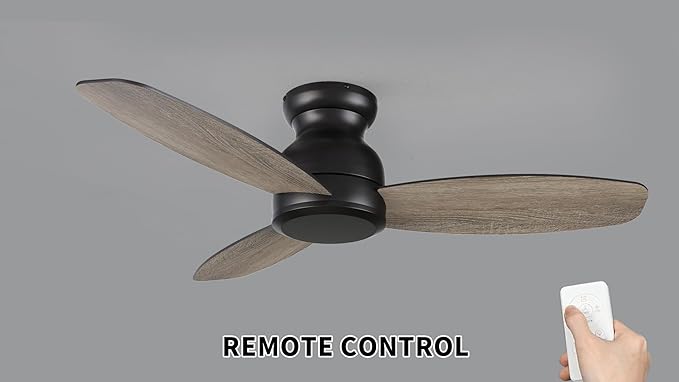 CEME 48 Inch Flush Mount Ceiling Fan without Lights, Black Ceiling Fan with Remote Low Profile, 10-Speed Reversible DC Motor, 3 Dual Finish Blades, Indoor for Bedroom