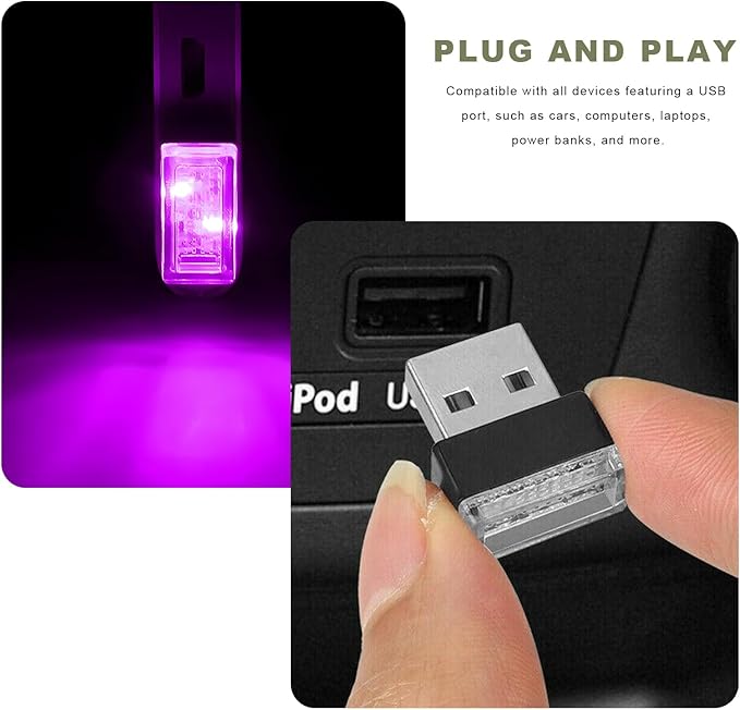 4 PCS USB LED Car Interior Atmosphere Lamp, Mini Night Light Plug-In Trunk Ambient Lighting Kit, Portable USB Interface LED Lamp Interior Decoration for Vehicle Home Office (Purple)