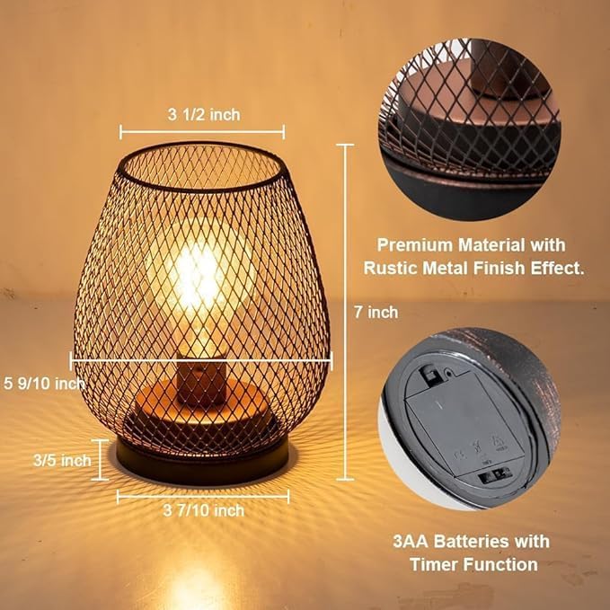 DECORKEY Set of 6 Battery Operated Lamp LED Table Lantern, Brown Metal Cage Cordless Lamps with LED Bulb，Vintage Decorative Outdoor Lantern for Weddings, Parties, Patio, Events for Indoors Shelf Decor