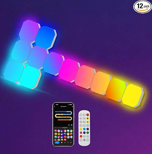Hexagon LED Panel Lights 12PCS, Smart RGB IC Gaming Wall Lights DIY Panels Work with Alexa Google Assistant, Square Cube Sync with Music App Control for Gaming Setup Room Decor Bedroom TV Gamer Gifts