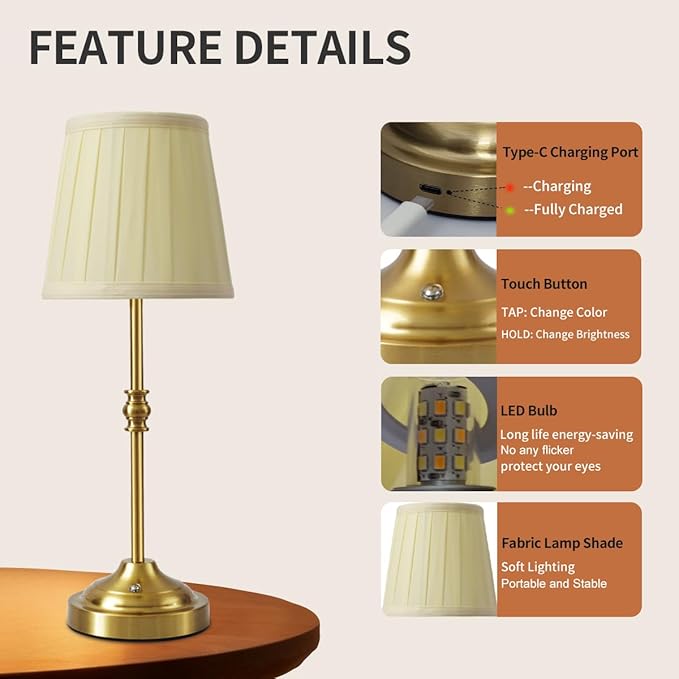 Cordless Table Lamp Rechargeable, 5200mAh Battery Operated Lamp, 3-Way Dimmable Bedside Lamps for Bedroom with Fabric Shade, Small Touch Desk Lamps for Living Room,Kitchen,Patio,Balcony,Bar