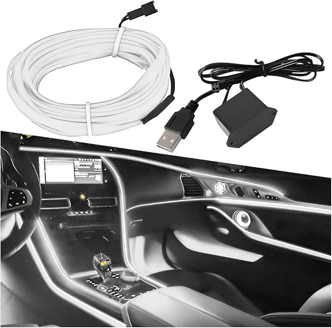 EL Wire Car Interior LED Strip Lights, 5V 16FT Neon Light Strip with Sewing Edge, USB Electroluminescent Car Interior Lights with Fuse Protection, Vehicle Ambient Lighting Decorations (White)