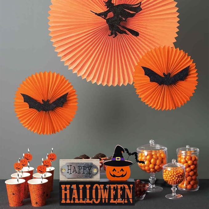 DECSPAS Halloween Decorations Indoor, Large Size 2-Layered Wood Block with LEDs and Pumpkin Face, Happy Halloween Sign Decorations for Home, Tabletop Gothic Decor for Party Shelf, Table, Mantel