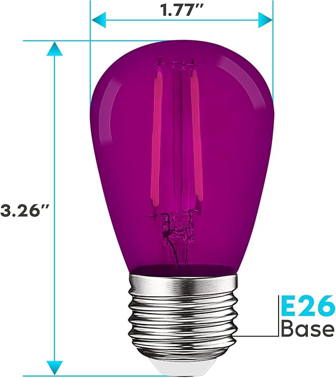 LUXRITE 12-Pack S14 Edison LED Purple Light Bulbs, 0.5W, Colored LED Bulbs for Outdoor String Lights, UL Listed, E26 Base, Indoor Outdoor, Decoration, Party, Holiday, String Light Replacement Bulbs