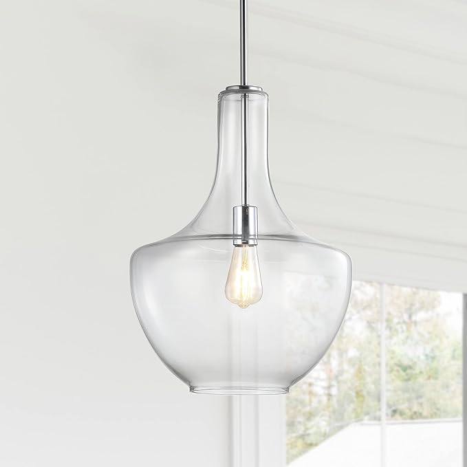JONATHAN Y JYL6401A Watts 13.25" Glass/Metal LED Pendant Farmhouse Contemporary Dimmable Dining Room Living Room Kitchen Foyer Bedroom Hallway, Chrome/Clear